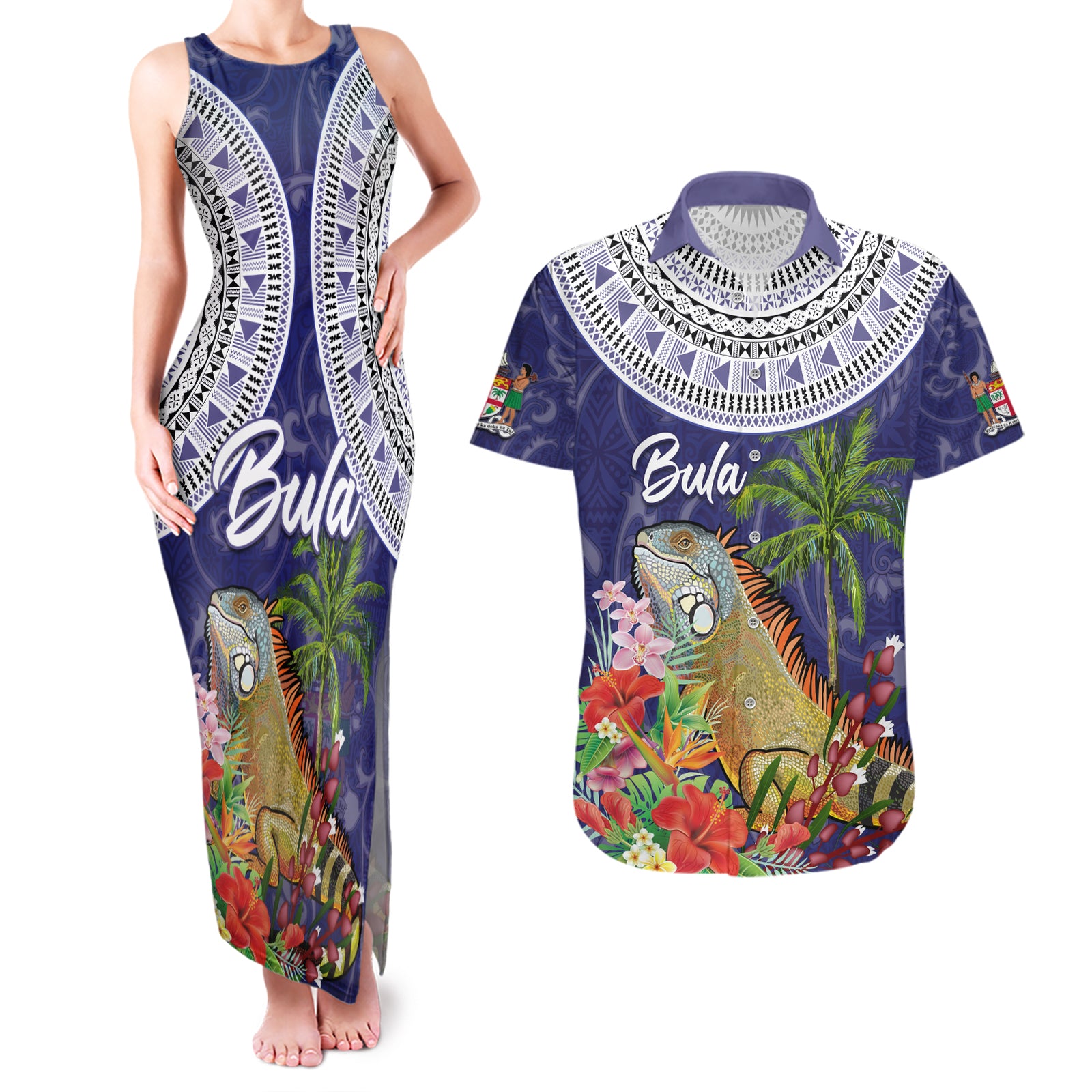 Bula Fiji Crested Iguana Couples Matching Tank Maxi Dress and Hawaiian Shirt Tagimaucia Tapa Tribal Blue Color LT03 Blue - Polynesian Pride