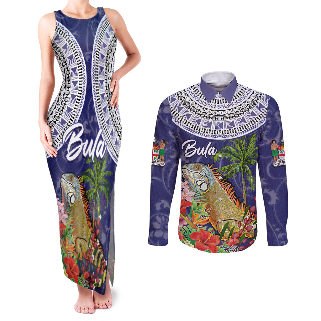 Bula Fiji Crested Iguana Couples Matching Tank Maxi Dress and Long Sleeve Button Shirt Tagimaucia Tapa Tribal Blue Color LT03 Blue - Polynesian Pride