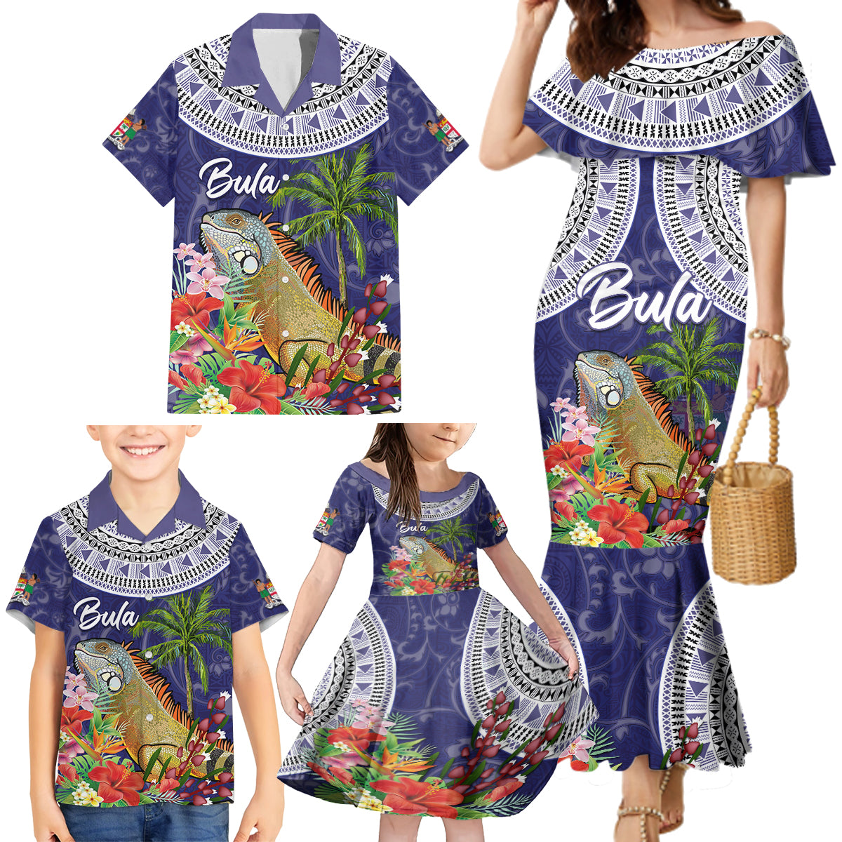 Bula Fiji Crested Iguana Family Matching Mermaid Dress and Hawaiian Shirt Tagimaucia Tapa Tribal Blue Color LT03 - Polynesian Pride