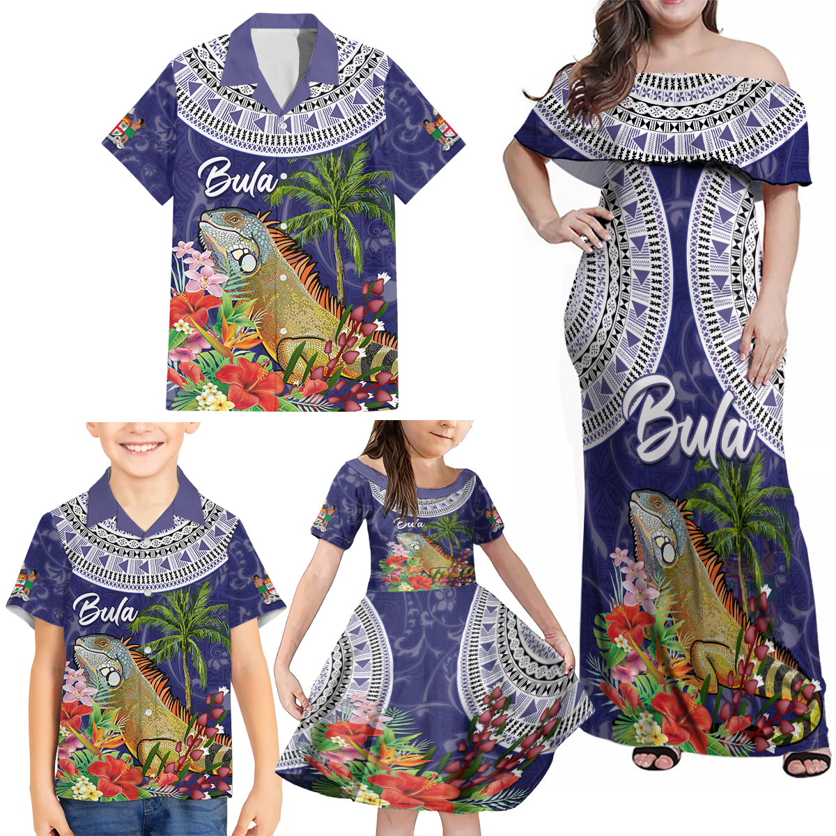 Bula Fiji Crested Iguana Family Matching Off Shoulder Maxi Dress and Hawaiian Shirt Tagimaucia Tapa Tribal Blue Color LT03 - Polynesian Pride