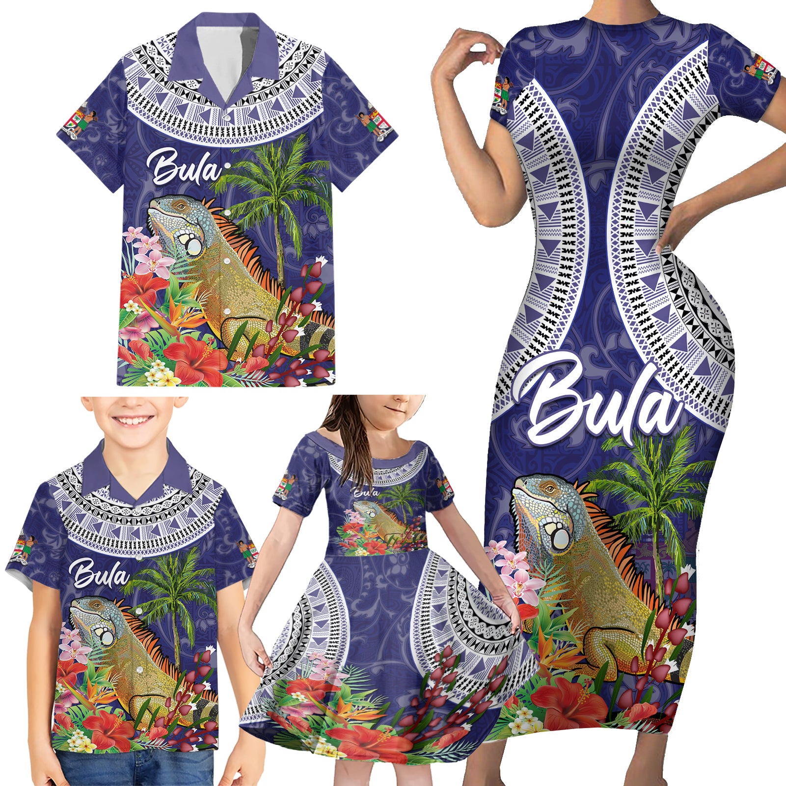 Bula Fiji Crested Iguana Family Matching Short Sleeve Bodycon Dress and Hawaiian Shirt Tagimaucia Tapa Tribal Blue Color LT03 - Polynesian Pride