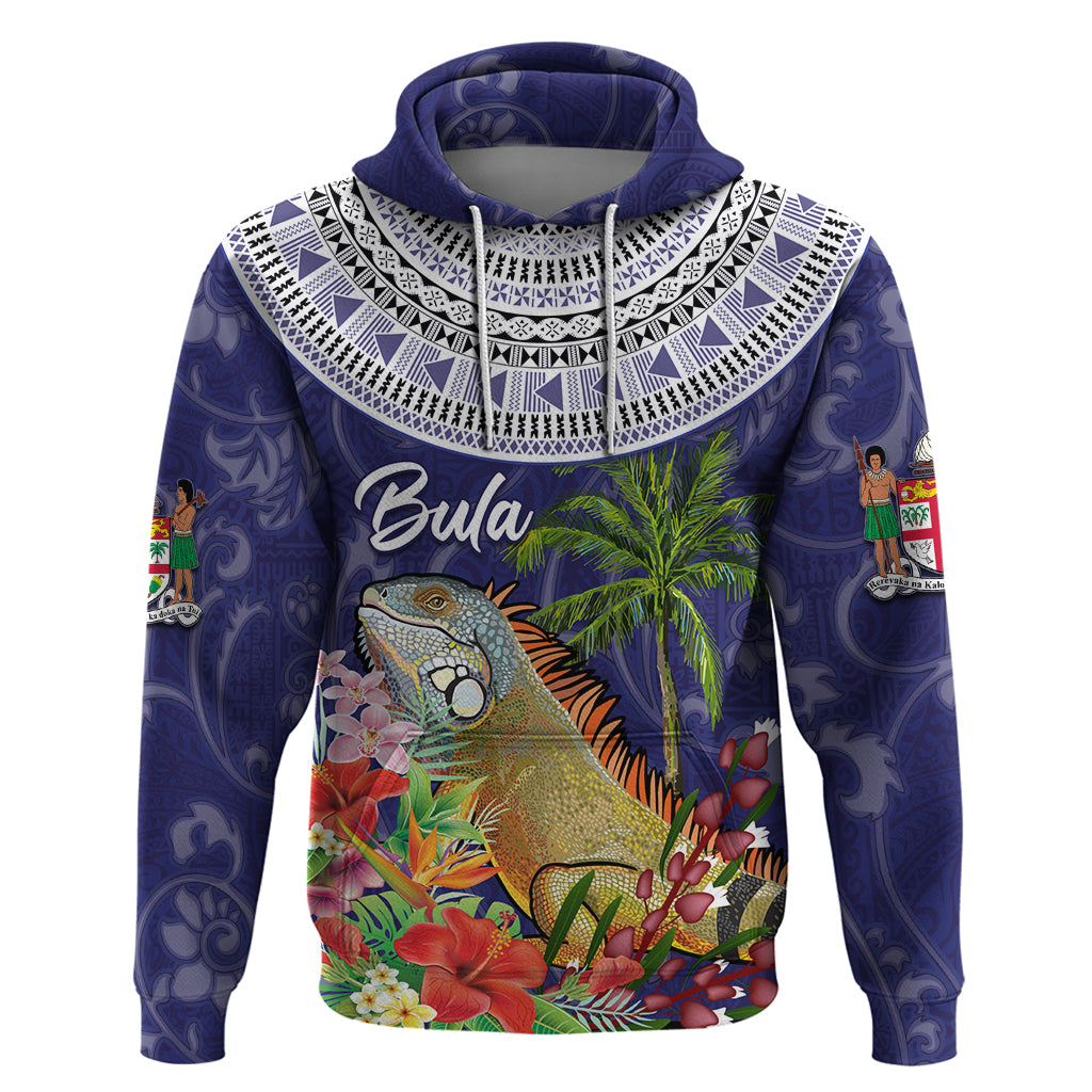 Bula Fiji Crested Iguana Hoodie Tagimaucia Tapa Tribal Blue Color LT03 Pullover Hoodie Blue - Polynesian Pride