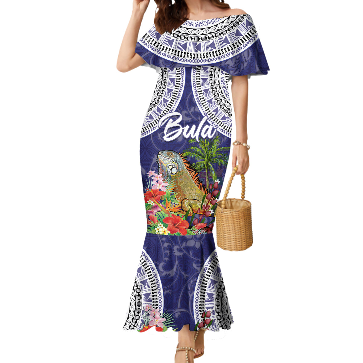 Bula Fiji Crested Iguana Mermaid Dress Tagimaucia Tapa Tribal Blue Color LT03 Women Blue - Polynesian Pride