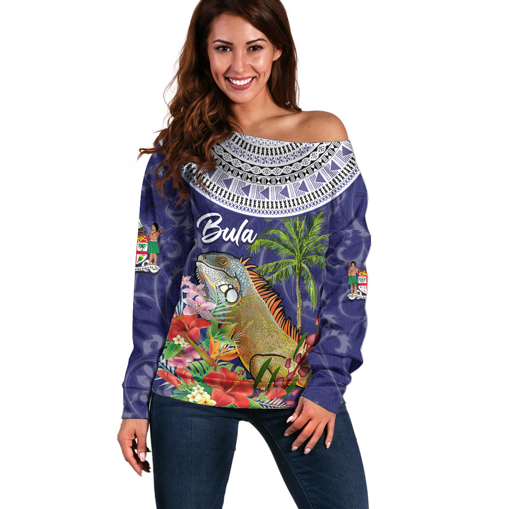 Bula Fiji Crested Iguana Off Shoulder Sweater Tagimaucia Tapa Tribal Blue Color LT03 Women Blue - Polynesian Pride