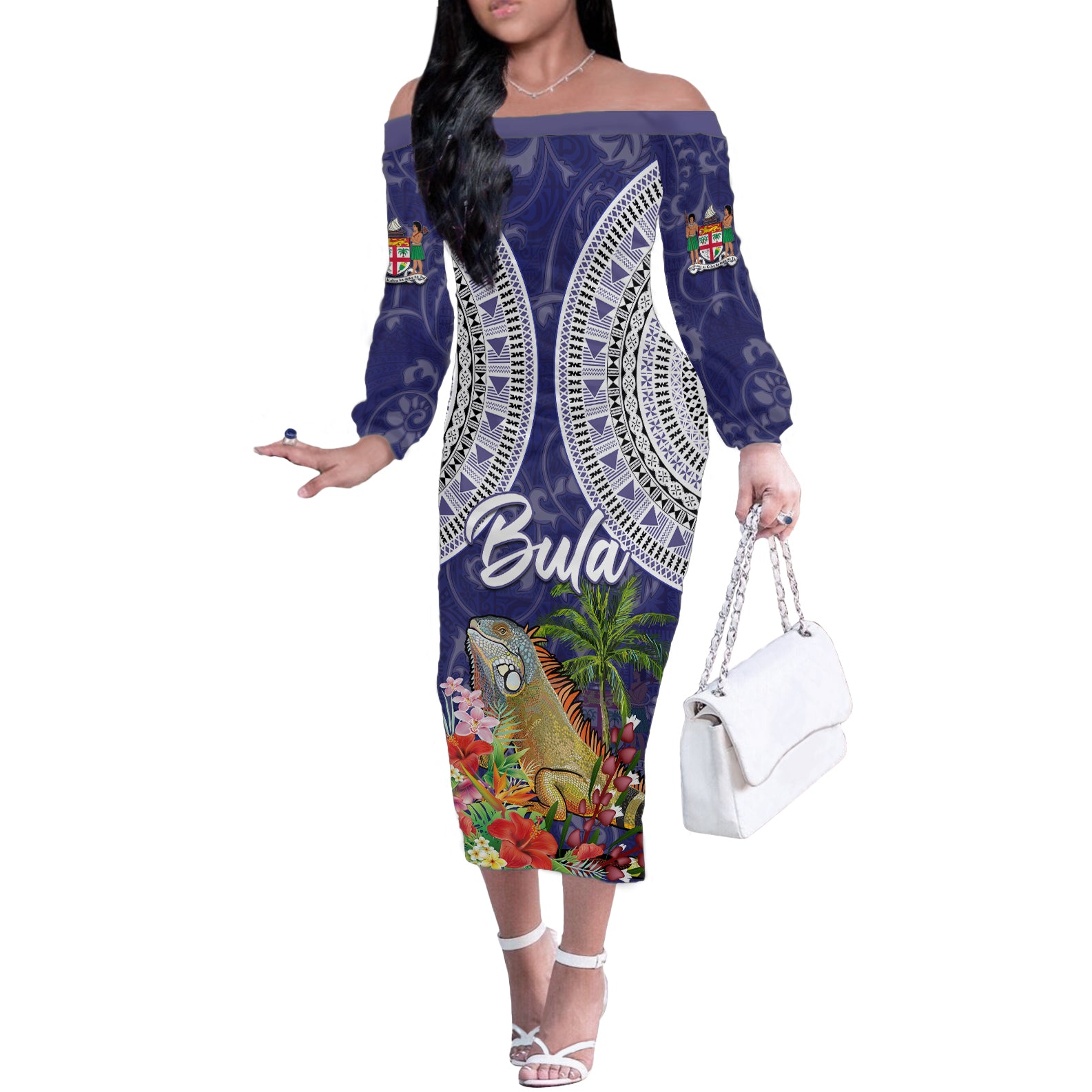 Bula Fiji Crested Iguana Off The Shoulder Long Sleeve Dress Tagimaucia Tapa Tribal Blue Color LT03 Women Blue - Polynesian Pride