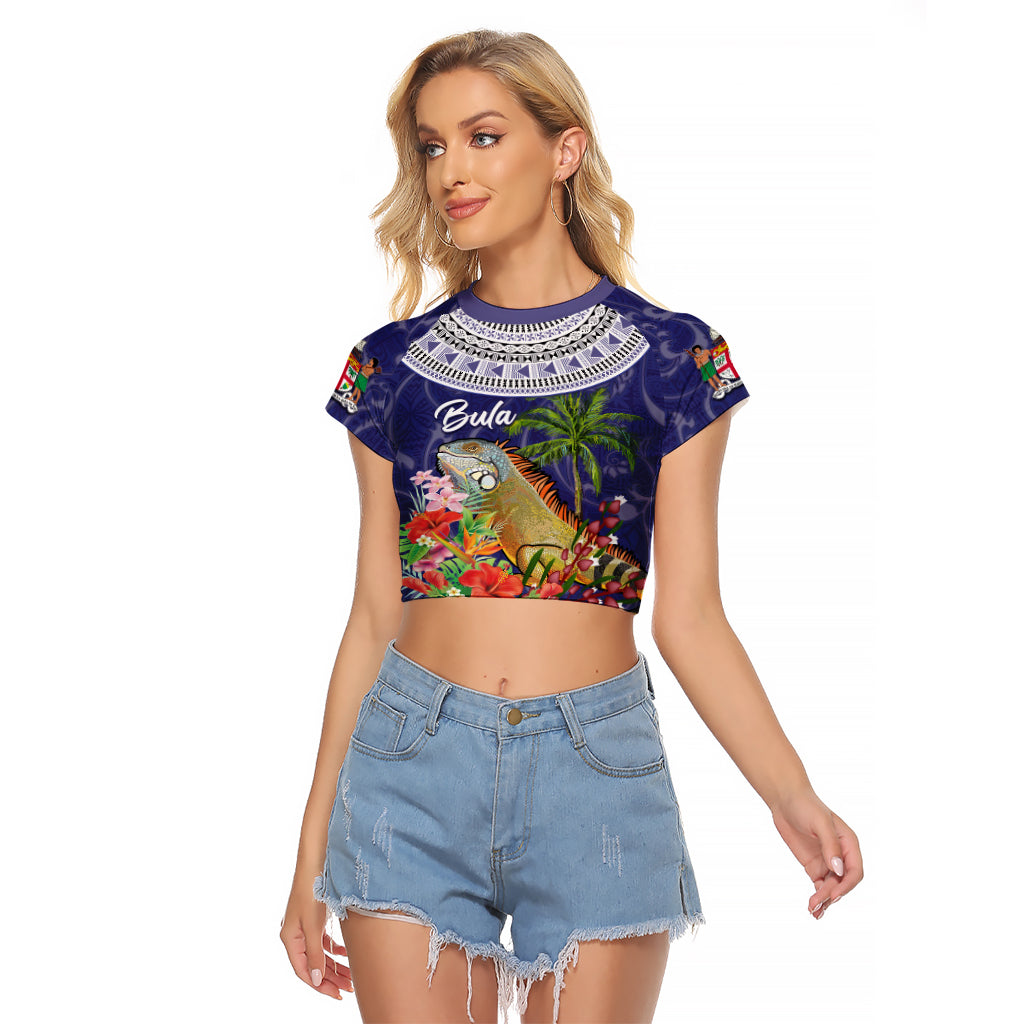 Bula Fiji Crested Iguana Raglan Cropped T Shirt Tagimaucia Tapa Tribal Blue Color LT03 Female Blue - Polynesian Pride