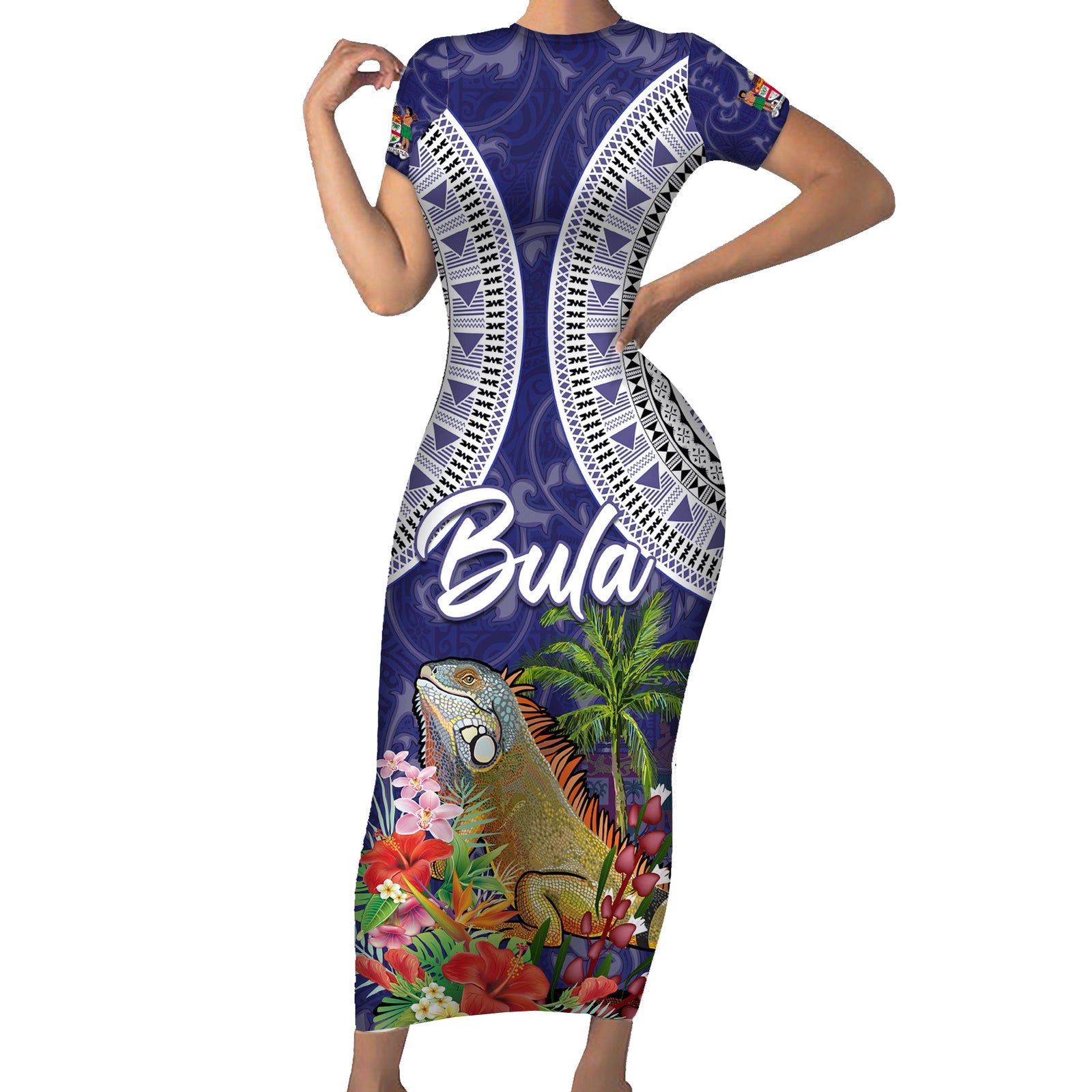 Bula Fiji Crested Iguana Short Sleeve Bodycon Dress Tagimaucia Tapa Tribal Blue Color LT03 Long Dress Blue - Polynesian Pride
