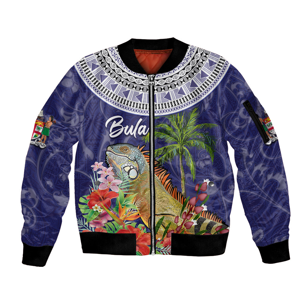 Bula Fiji Crested Iguana Sleeve Zip Bomber Jacket Tagimaucia Tapa Tribal Blue Color LT03 Unisex Blue - Polynesian Pride