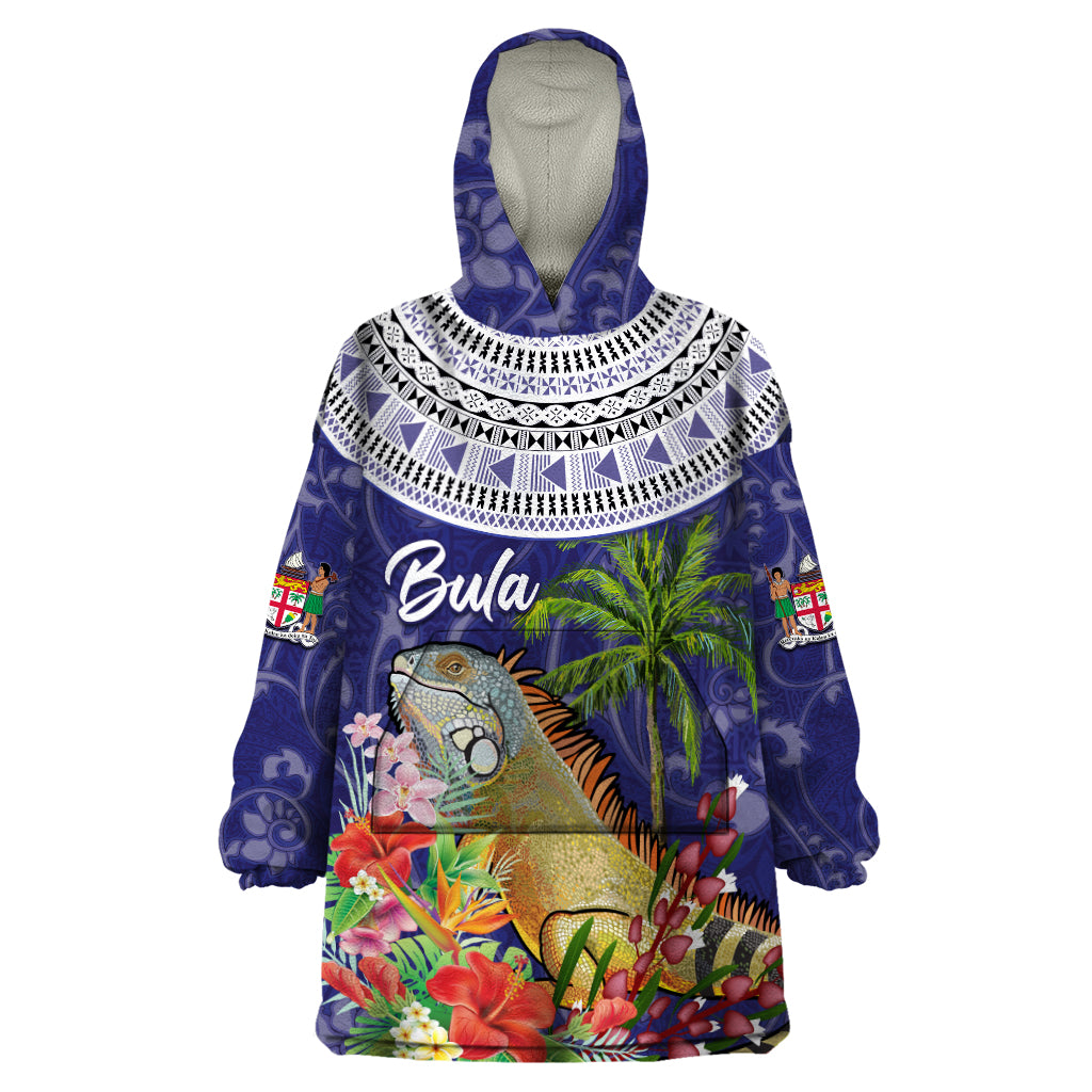 Bula Fiji Crested Iguana Wearable Blanket Hoodie Tagimaucia Tapa Tribal Blue Color LT03 One Size Blue - Polynesian Pride