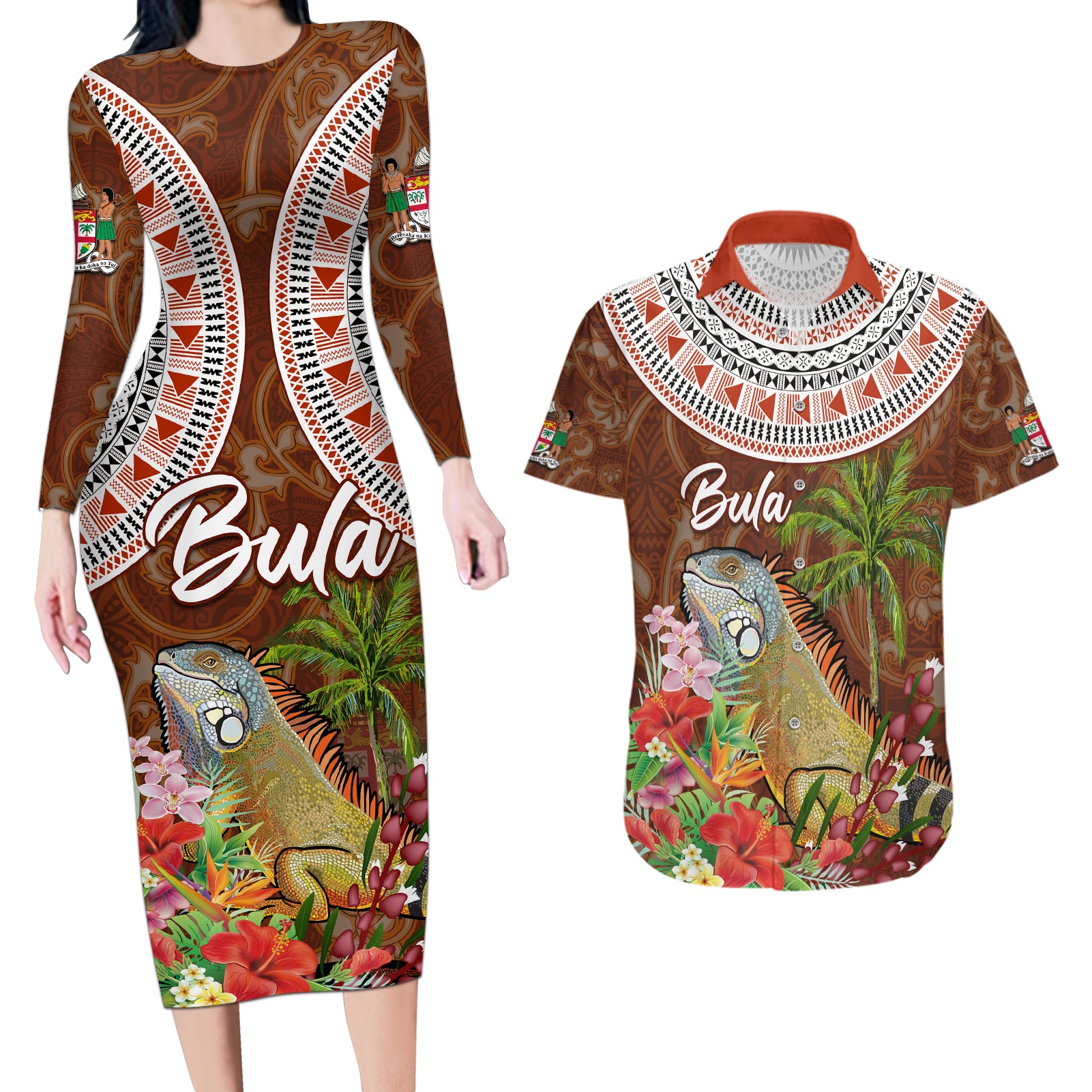 Bula Fiji Crested Iguana Couples Matching Long Sleeve Bodycon Dress and Hawaiian Shirt Tagimaucia Tapa Tribal Brown Color LT03 Brown - Polynesian Pride