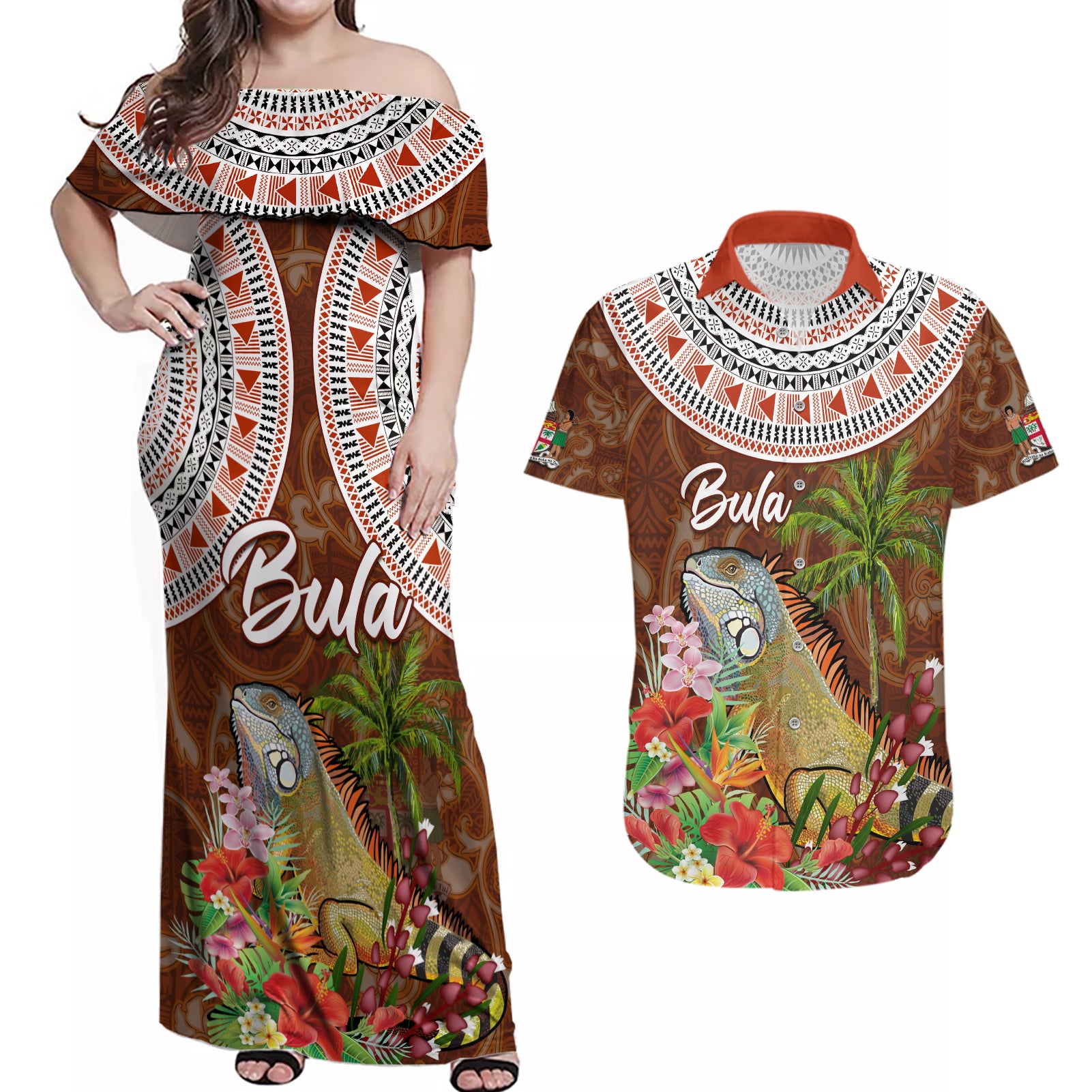 Bula Fiji Crested Iguana Couples Matching Off Shoulder Maxi Dress and Hawaiian Shirt Tagimaucia Tapa Tribal Brown Color LT03 Brown - Polynesian Pride