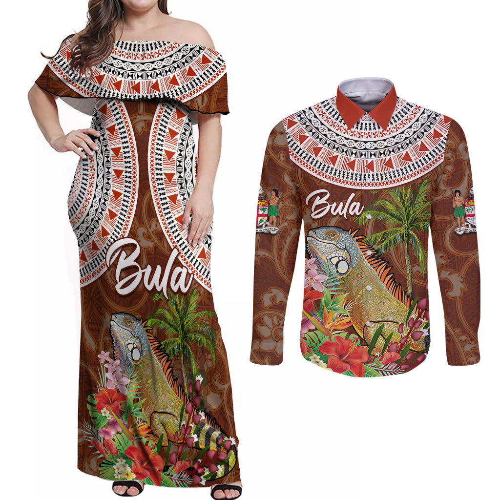 Bula Fiji Crested Iguana Couples Matching Off Shoulder Maxi Dress and Long Sleeve Button Shirt Tagimaucia Tapa Tribal Brown Color LT03 Brown - Polynesian Pride