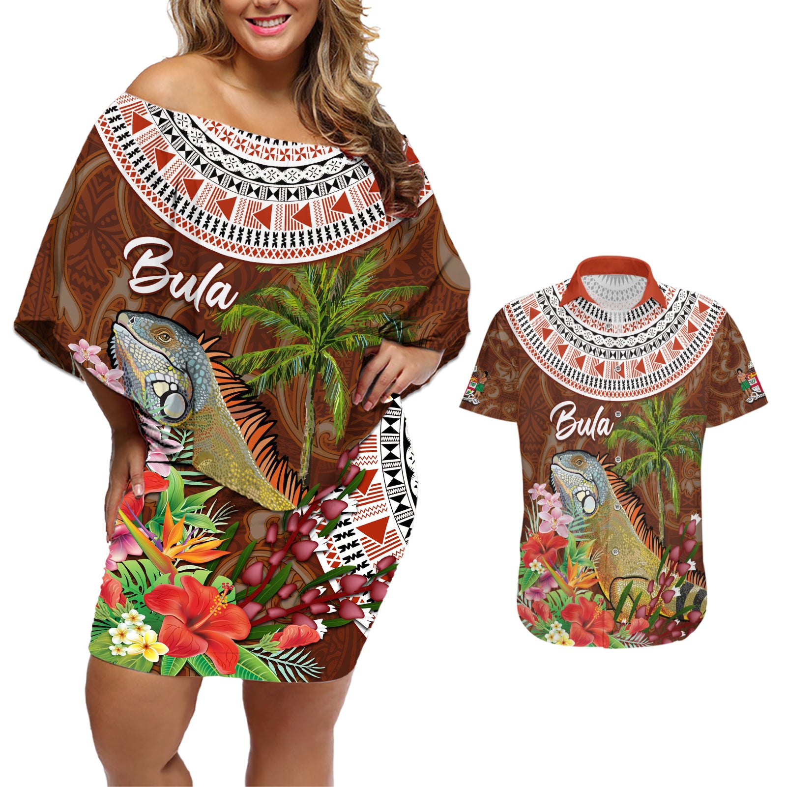 Bula Fiji Crested Iguana Couples Matching Off Shoulder Short Dress and Hawaiian Shirt Tagimaucia Tapa Tribal Brown Color LT03 Brown - Polynesian Pride