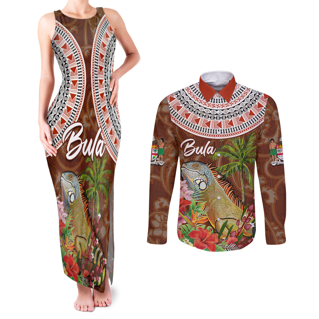 Bula Fiji Crested Iguana Couples Matching Tank Maxi Dress and Long Sleeve Button Shirt Tagimaucia Tapa Tribal Brown Color LT03 Brown - Polynesian Pride