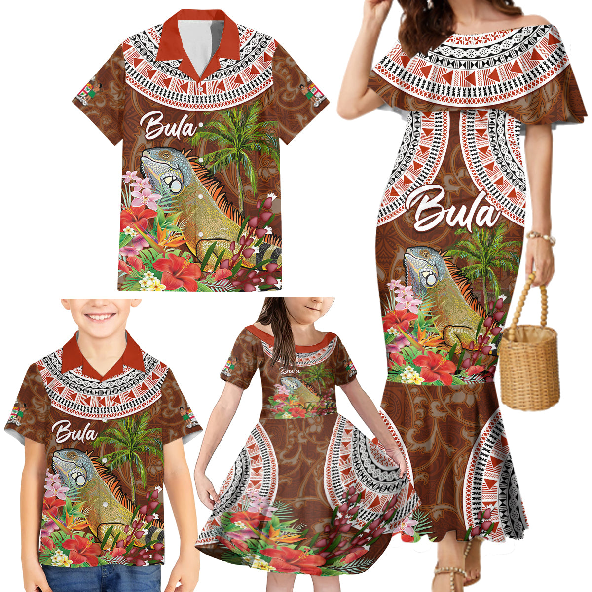 Bula Fiji Crested Iguana Family Matching Mermaid Dress and Hawaiian Shirt Tagimaucia Tapa Tribal Brown Color LT03 - Polynesian Pride