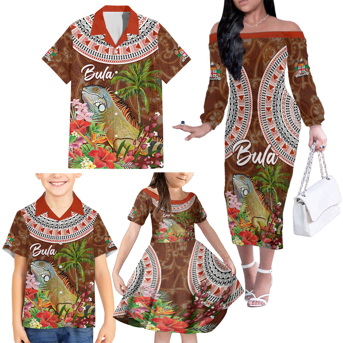 Bula Fiji Crested Iguana Family Matching Off Shoulder Long Sleeve Dress and Hawaiian Shirt Tagimaucia Tapa Tribal Brown Color LT03 - Polynesian Pride