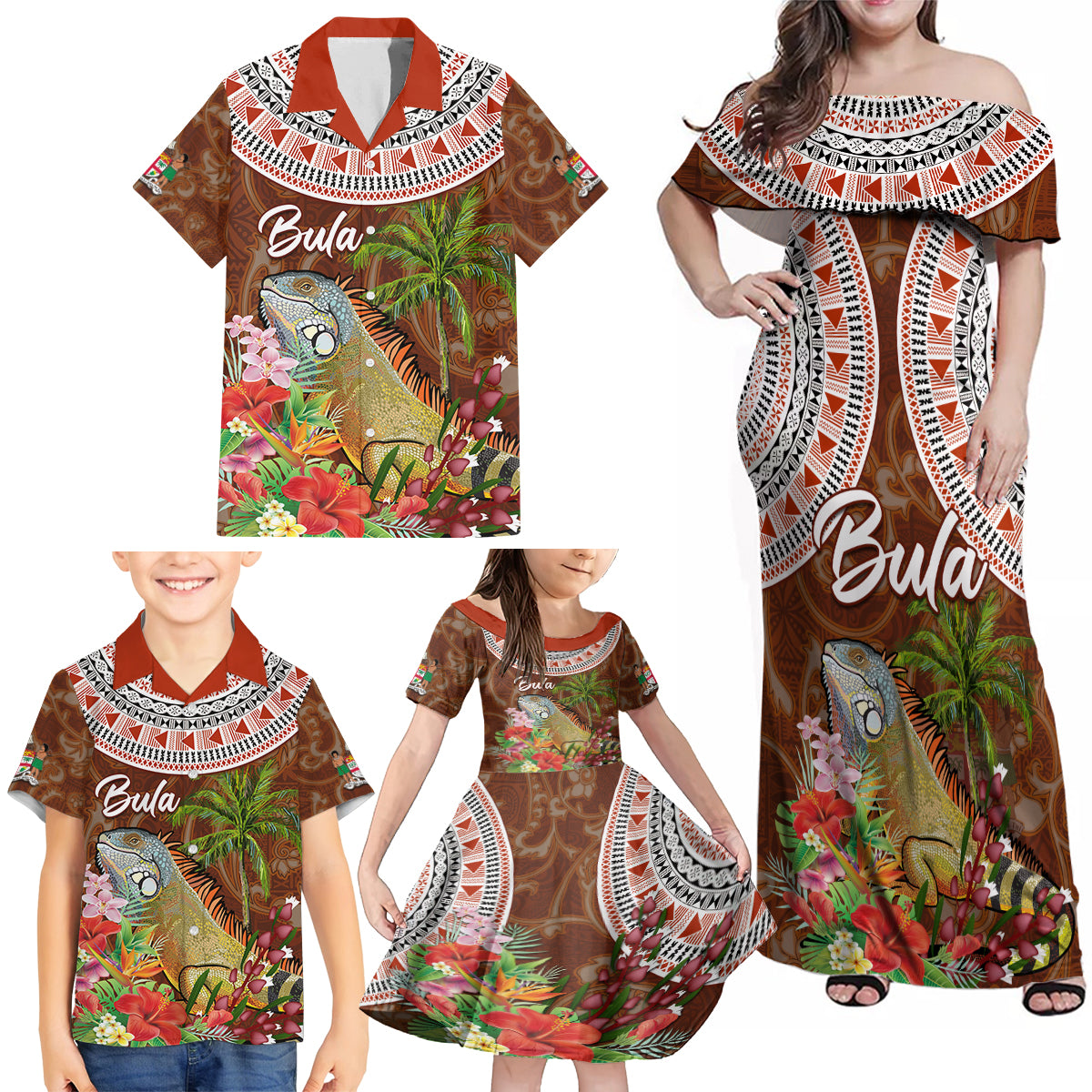 Bula Fiji Crested Iguana Family Matching Off Shoulder Maxi Dress and Hawaiian Shirt Tagimaucia Tapa Tribal Brown Color LT03 - Polynesian Pride