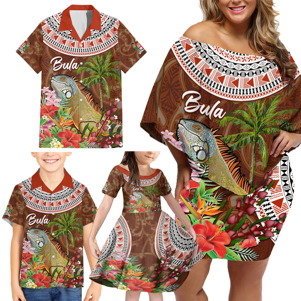 Bula Fiji Crested Iguana Family Matching Off Shoulder Short Dress and Hawaiian Shirt Tagimaucia Tapa Tribal Brown Color LT03 - Polynesian Pride