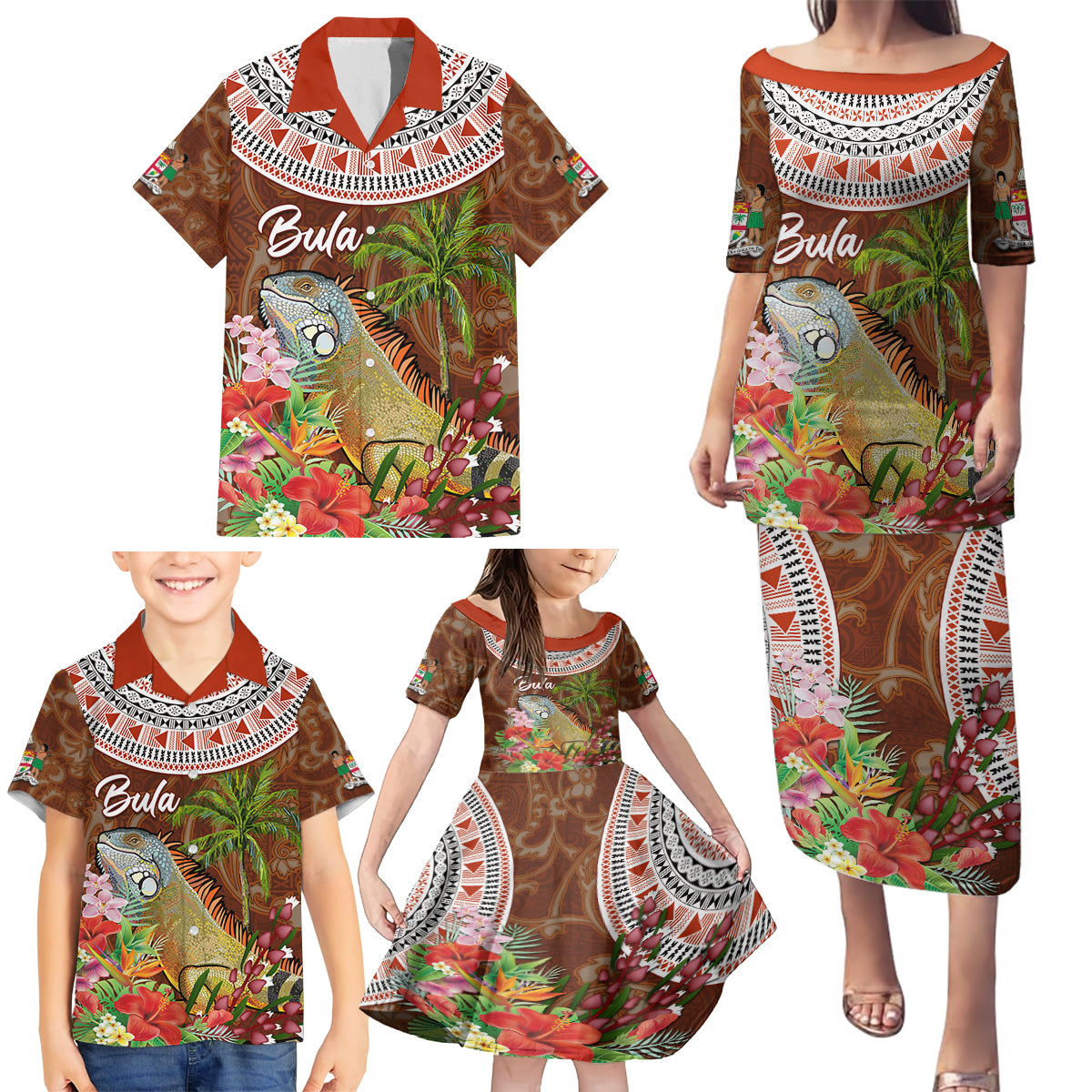 Bula Fiji Crested Iguana Family Matching Puletasi and Hawaiian Shirt Tagimaucia Tapa Tribal Brown Color LT03 - Polynesian Pride