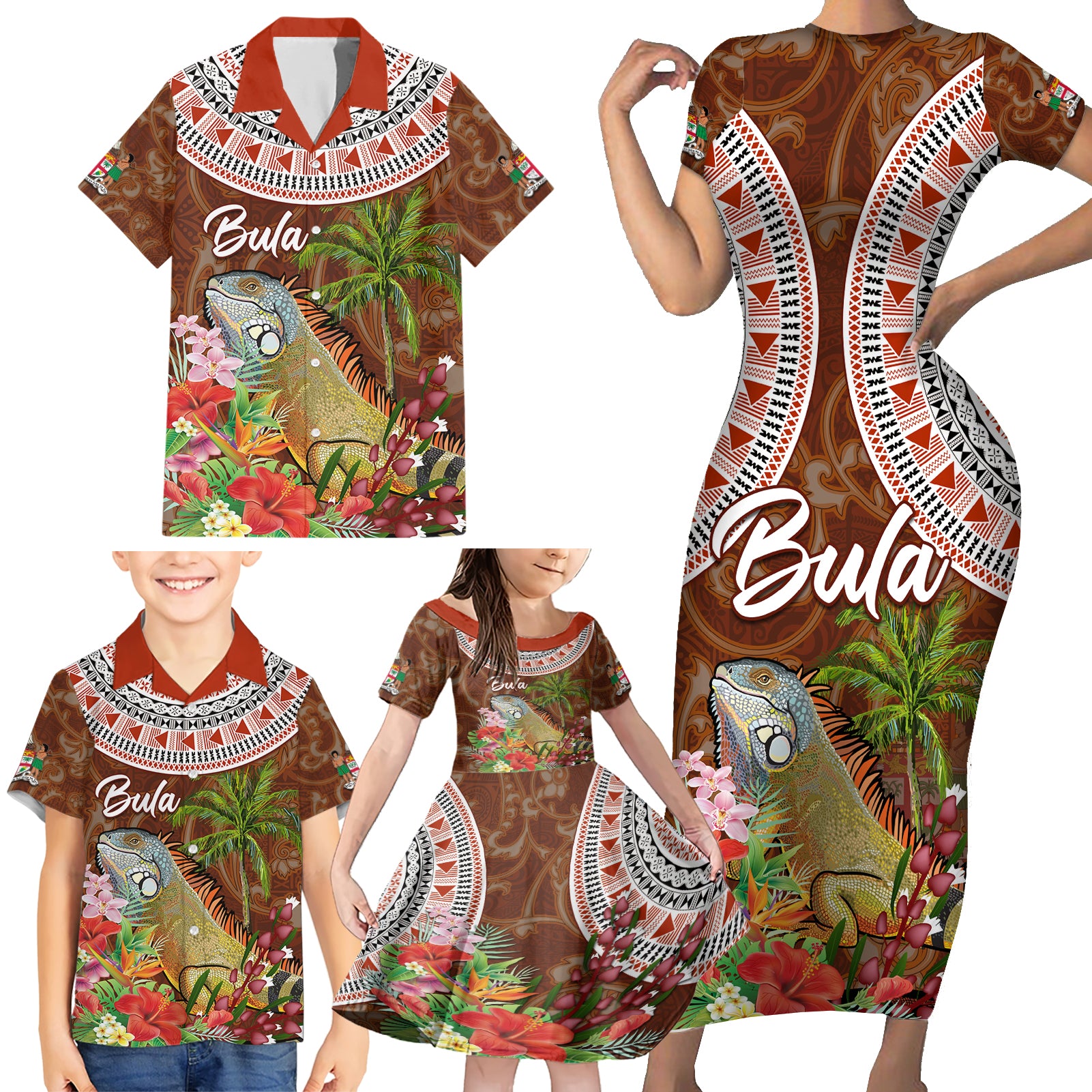 Bula Fiji Crested Iguana Family Matching Short Sleeve Bodycon Dress and Hawaiian Shirt Tagimaucia Tapa Tribal Brown Color LT03 - Polynesian Pride