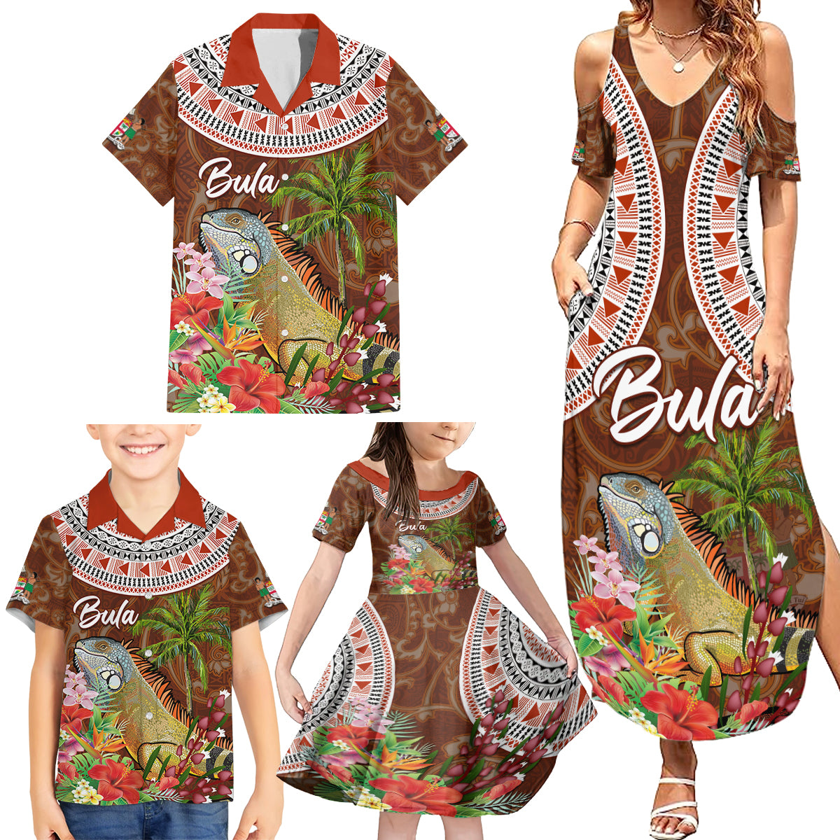 Bula Fiji Crested Iguana Family Matching Summer Maxi Dress and Hawaiian Shirt Tagimaucia Tapa Tribal Brown Color LT03 - Polynesian Pride