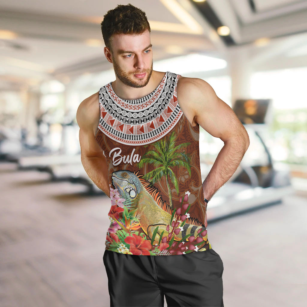 Bula Fiji Crested Iguana Men Tank Top Tagimaucia Tapa Tribal Brown Color LT03 Brown - Polynesian Pride