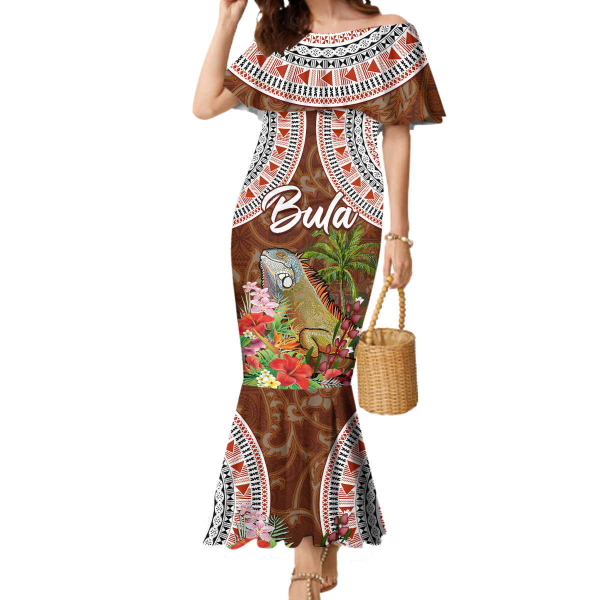 Bula Fiji Crested Iguana Mermaid Dress Tagimaucia Tapa Tribal Brown Color LT03 Women Brown - Polynesian Pride