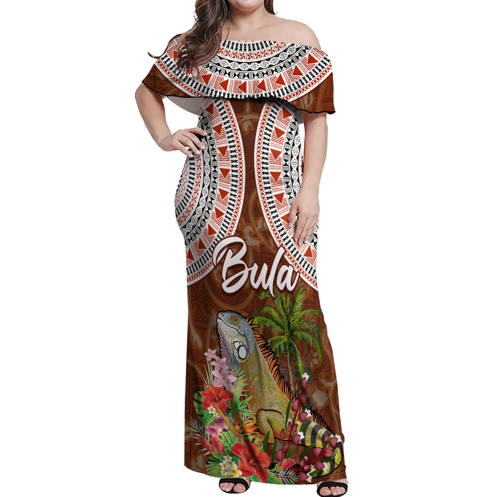 Bula Fiji Crested Iguana Off Shoulder Maxi Dress Tagimaucia Tapa Tribal Brown Color LT03 Women Brown - Polynesian Pride