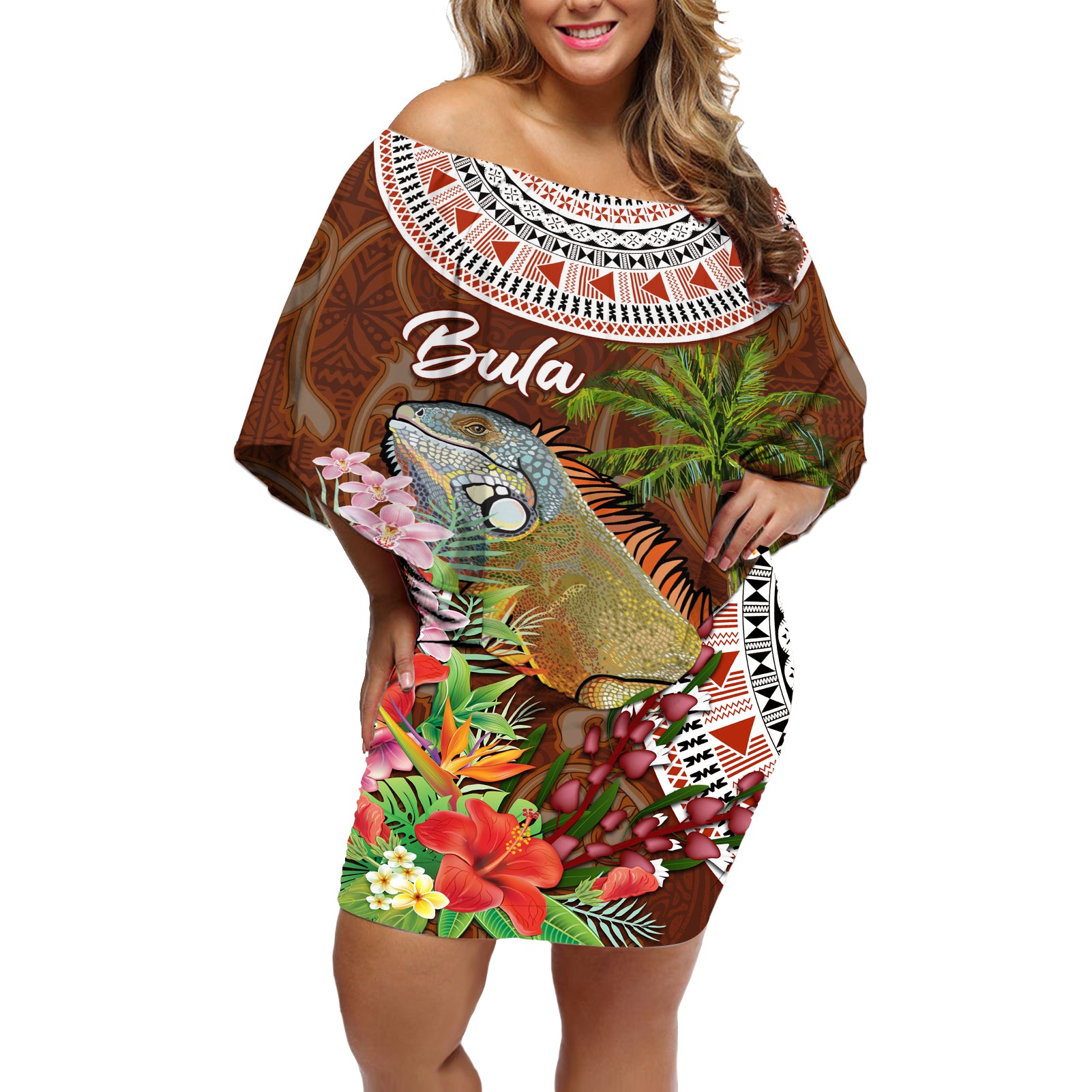 Bula Fiji Crested Iguana Off Shoulder Short Dress Tagimaucia Tapa Tribal Brown Color LT03 Women Brown - Polynesian Pride