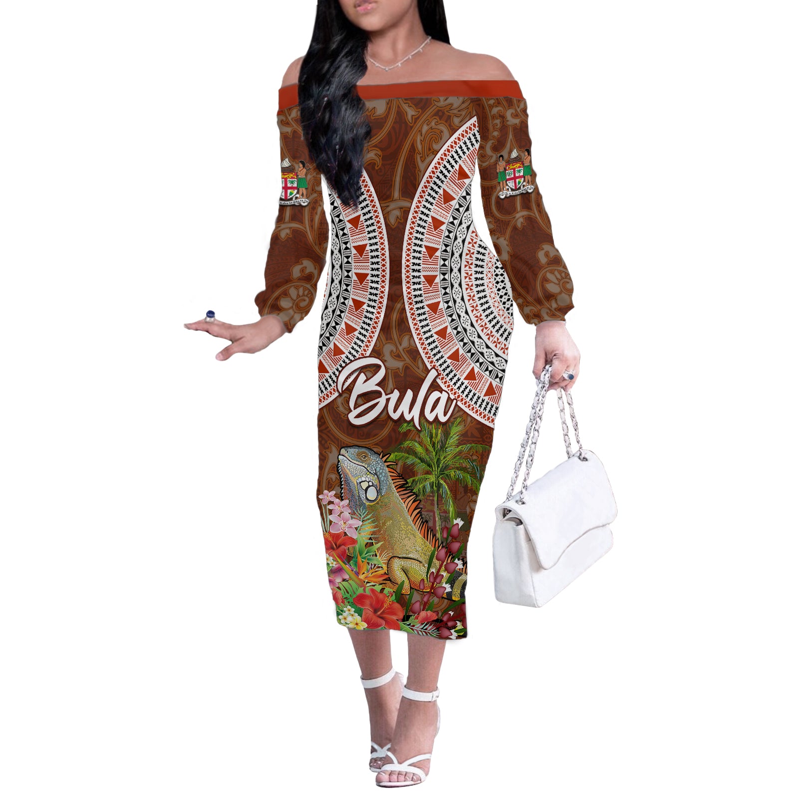 Bula Fiji Crested Iguana Off The Shoulder Long Sleeve Dress Tagimaucia Tapa Tribal Brown Color LT03 Women Brown - Polynesian Pride