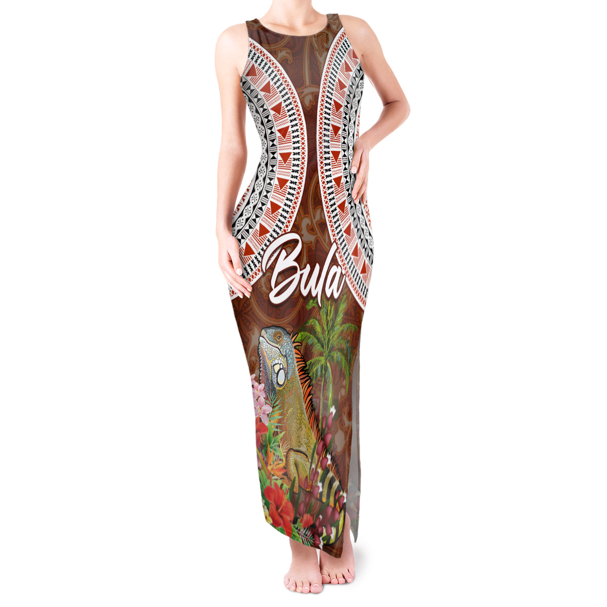 Bula Fiji Crested Iguana Tank Maxi Dress Tagimaucia Tapa Tribal Brown Color LT03 Women Brown - Polynesian Pride