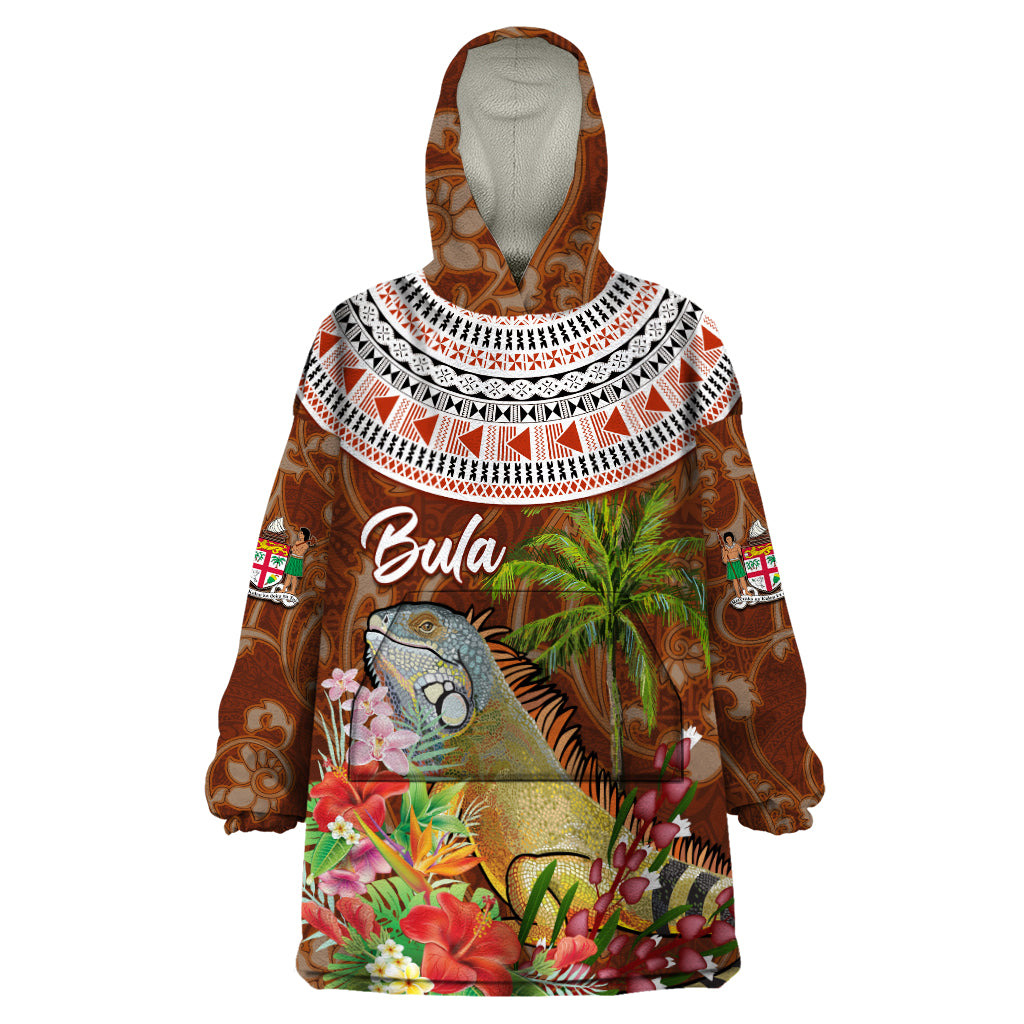 Bula Fiji Crested Iguana Wearable Blanket Hoodie Tagimaucia Tapa Tribal Brown Color LT03 One Size Brown - Polynesian Pride