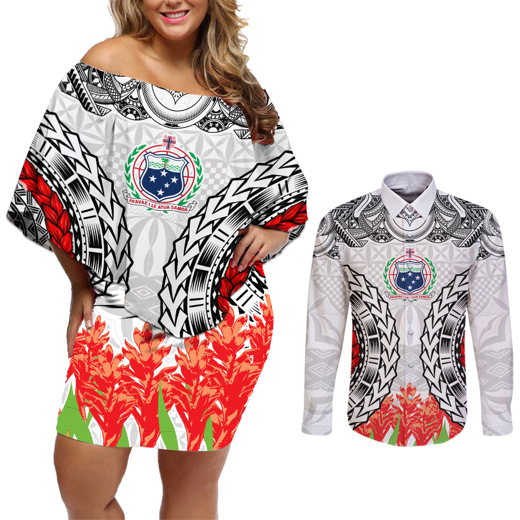 Samoa Siapo Ula Fala Couples Matching Off Shoulder Short Dress and Long Sleeve Button Shirt With Ginger Plant White Color LT03 White - Polynesian Pride