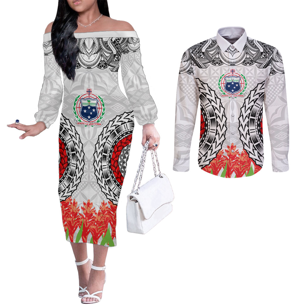 Samoa Siapo Ula Fala Couples Matching Off The Shoulder Long Sleeve Dress and Long Sleeve Button Shirt With Ginger Plant White Color LT03 White - Polynesian Pride