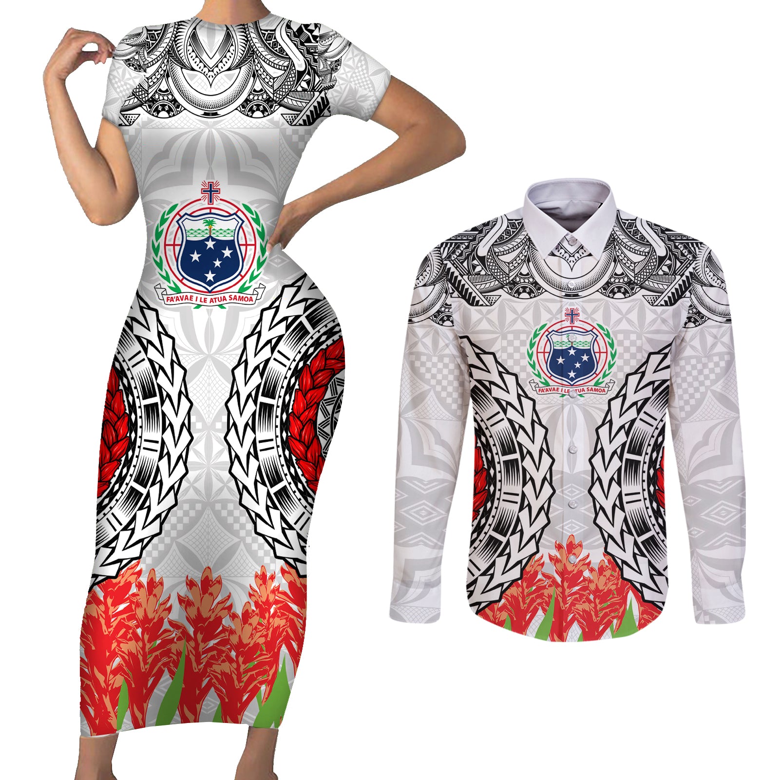 Samoa Siapo Ula Fala Couples Matching Short Sleeve Bodycon Dress and Long Sleeve Button Shirt With Ginger Plant White Color LT03 White - Polynesian Pride