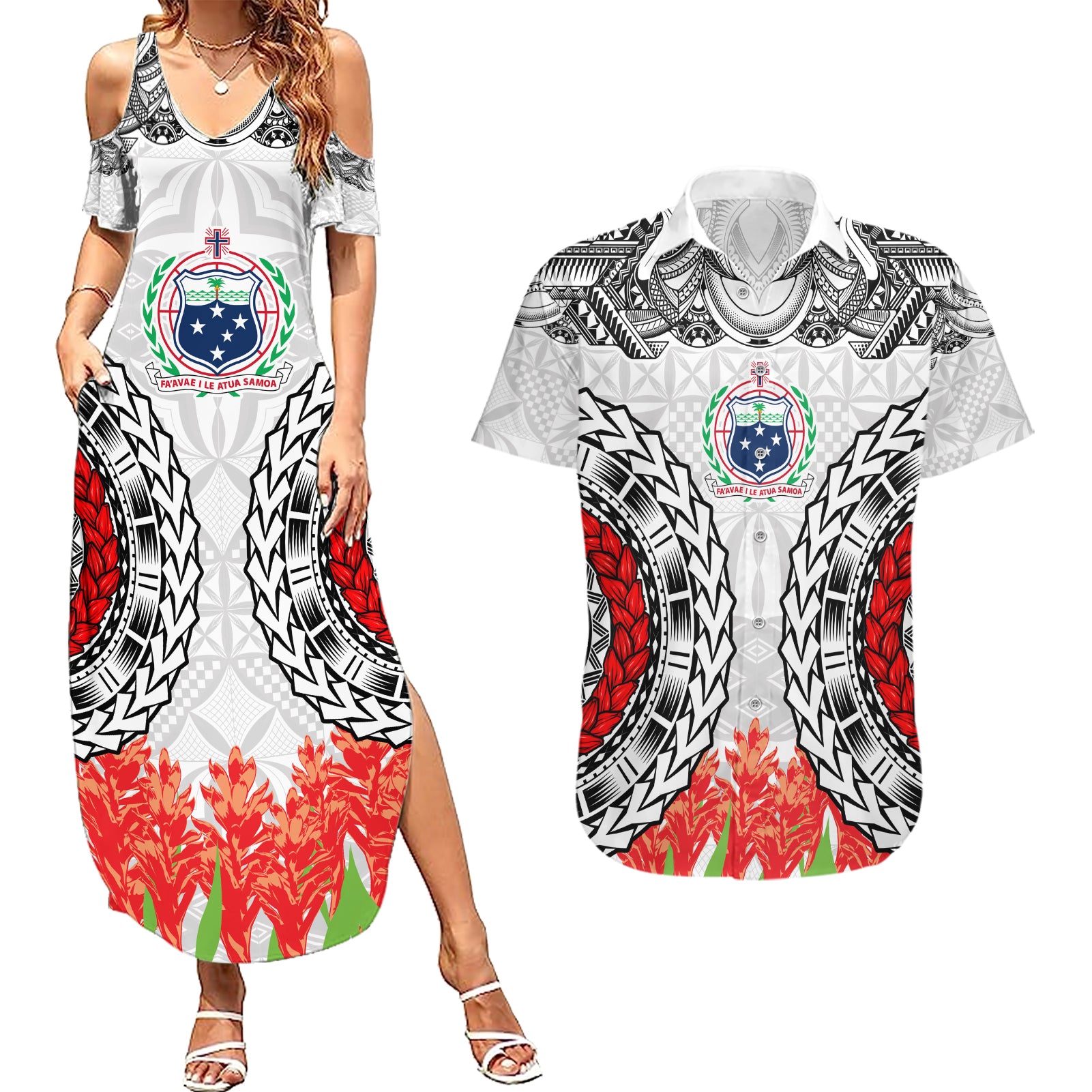 Samoa Siapo Ula Fala Couples Matching Summer Maxi Dress and Hawaiian Shirt With Ginger Plant White Color LT03 White - Polynesian Pride