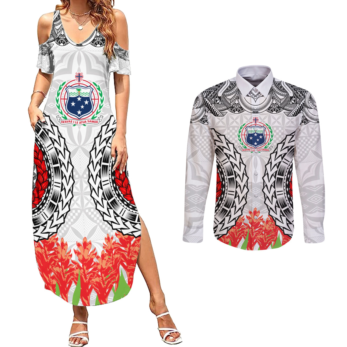 Samoa Siapo Ula Fala Couples Matching Summer Maxi Dress and Long Sleeve Button Shirt With Ginger Plant White Color LT03 White - Polynesian Pride