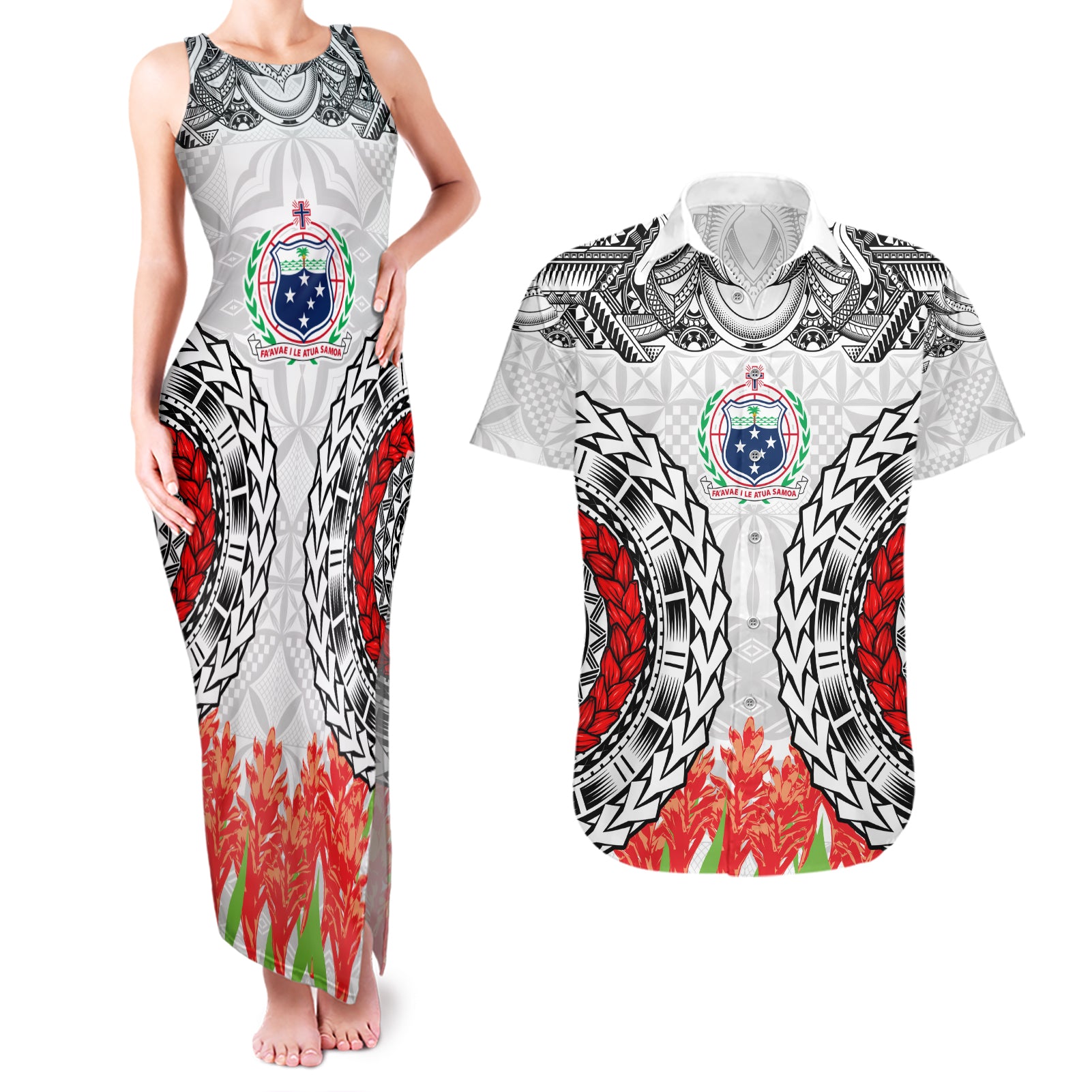 Samoa Siapo Ula Fala Couples Matching Tank Maxi Dress and Hawaiian Shirt With Ginger Plant White Color LT03 White - Polynesian Pride