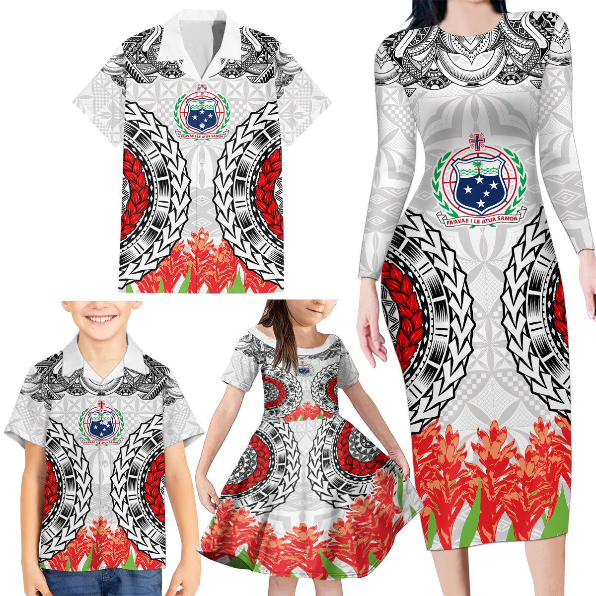 Samoa Siapo Ula Fala Family Matching Long Sleeve Bodycon Dress and Hawaiian Shirt With Ginger Plant White Color LT03 - Polynesian Pride