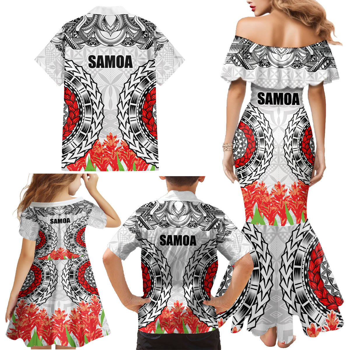 Samoa Siapo Ula Fala Family Matching Mermaid Dress and Hawaiian Shirt With Ginger Plant White Color LT03 - Polynesian Pride