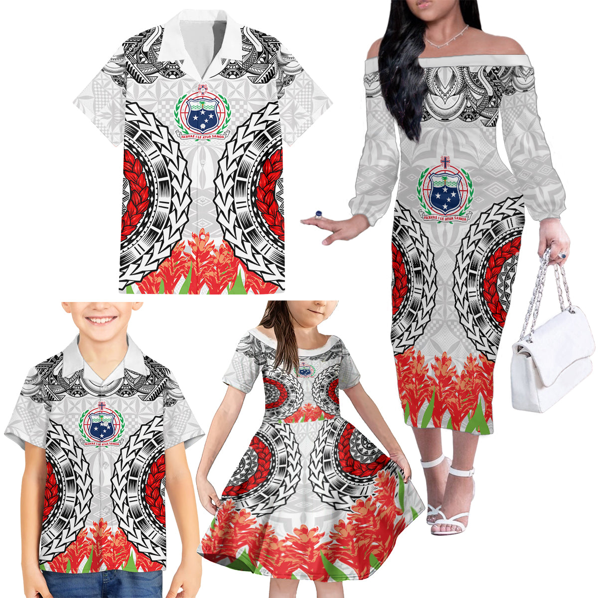 Samoa Siapo Ula Fala Family Matching Off Shoulder Long Sleeve Dress and Hawaiian Shirt With Ginger Plant White Color LT03 - Polynesian Pride