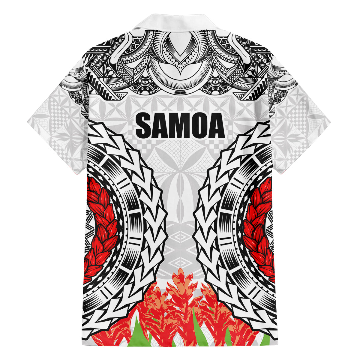 Samoa Siapo Ula Fala Family Matching Off Shoulder Short Dress and Hawaiian Shirt With Ginger Plant White Color LT03 - Polynesian Pride