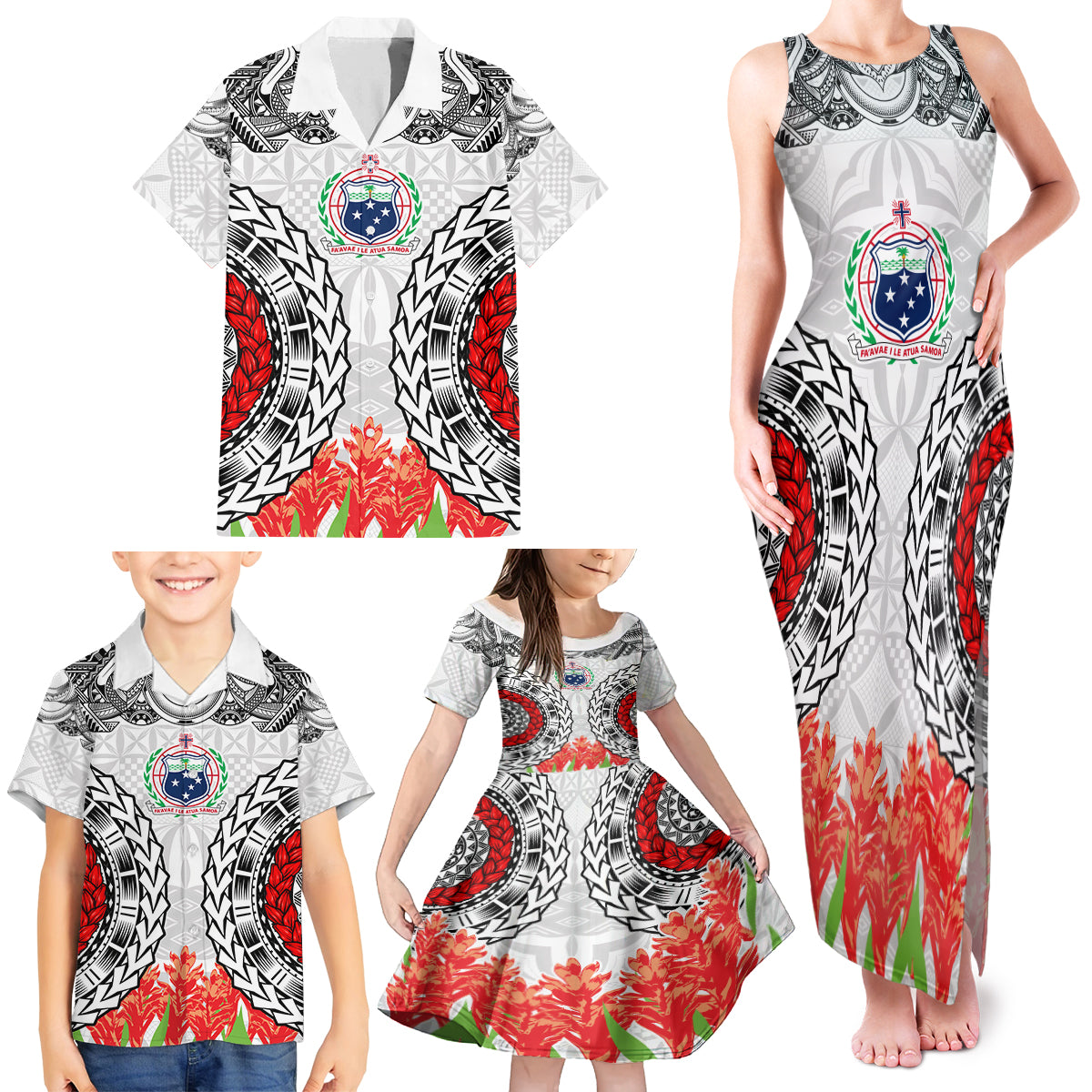 Samoa Siapo Ula Fala Family Matching Tank Maxi Dress and Hawaiian Shirt With Ginger Plant White Color LT03 - Polynesian Pride