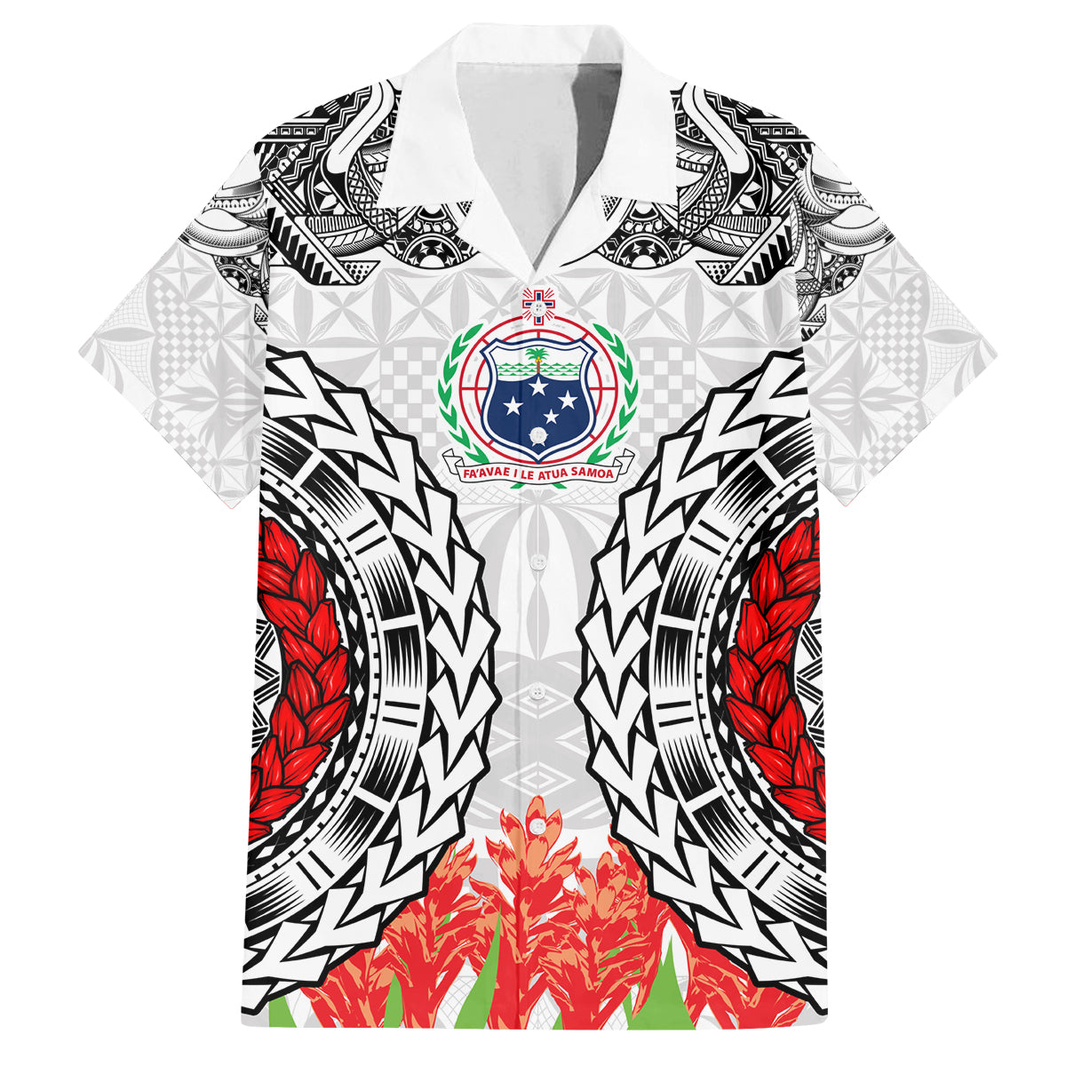 Samoa Siapo Ula Fala Family Matching Tank Maxi Dress and Hawaiian Shirt With Ginger Plant White Color LT03 Dad's Shirt - Short Sleeve White - Polynesian Pride