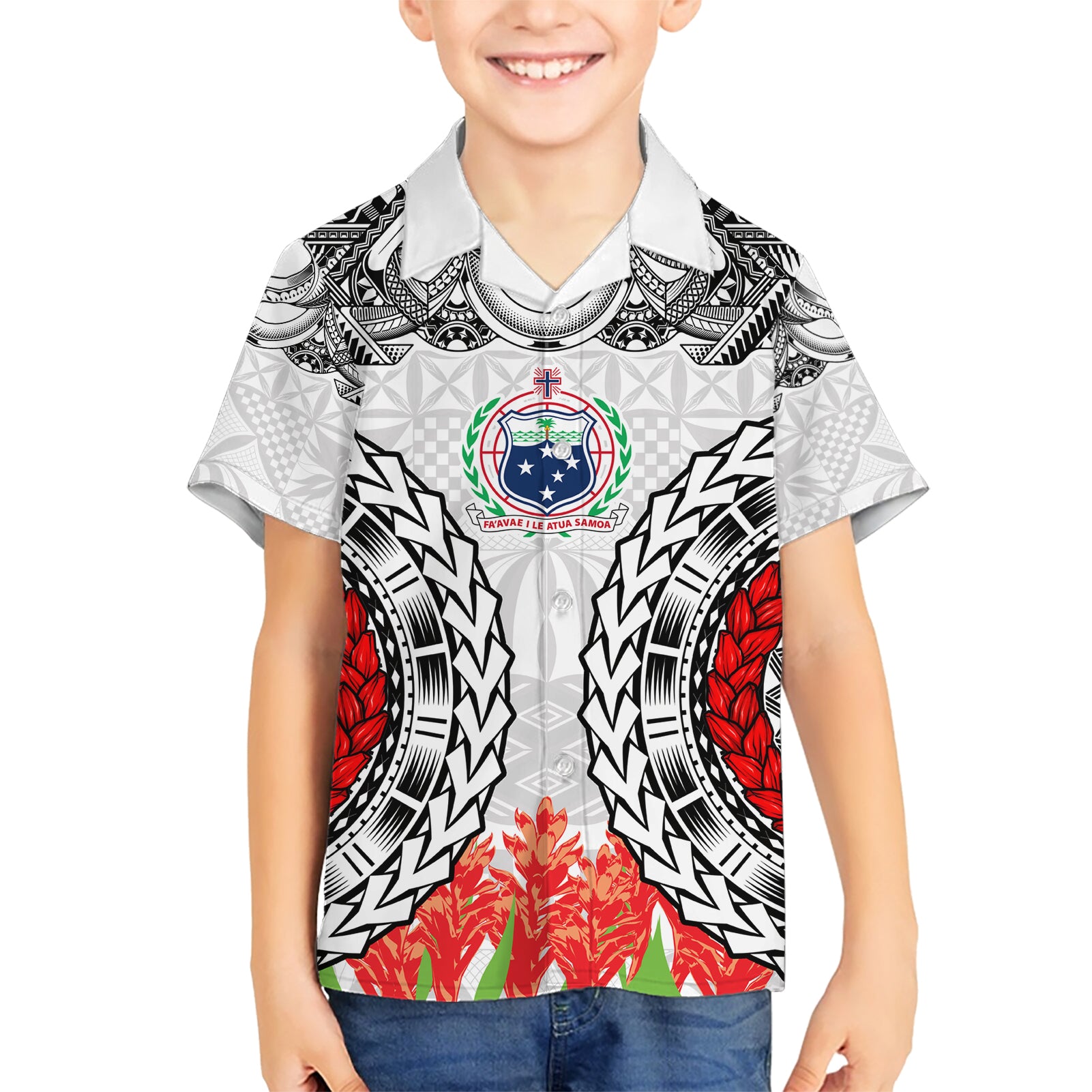 Samoa Siapo Ula Fala Kid Hawaiian Shirt With Ginger Plant White Color LT03 Kid White - Polynesian Pride