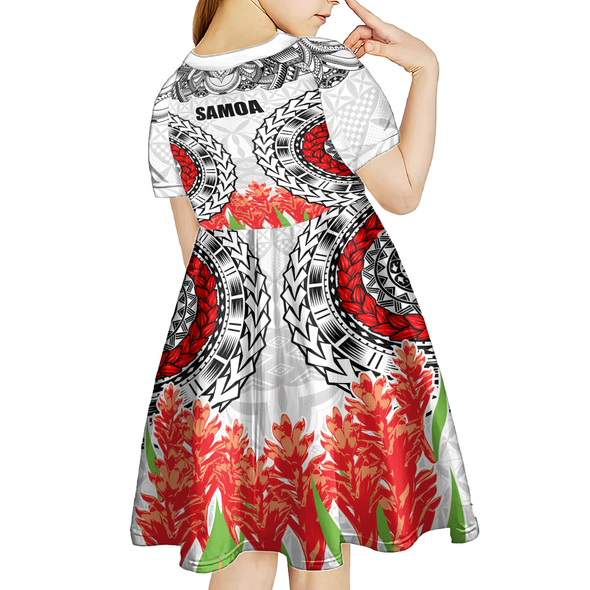 Samoa Siapo Ula Fala Kid Short Sleeve Dress With Ginger Plant White Color LT03 - Polynesian Pride