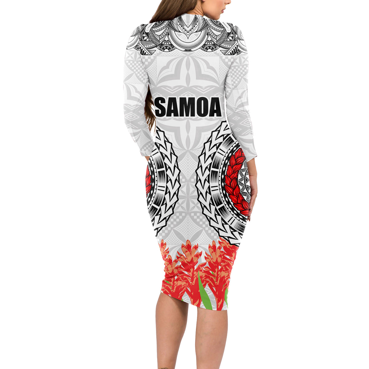 Samoa Siapo Ula Fala Long Sleeve Bodycon Dress With Ginger Plant White Color LT03 - Polynesian Pride