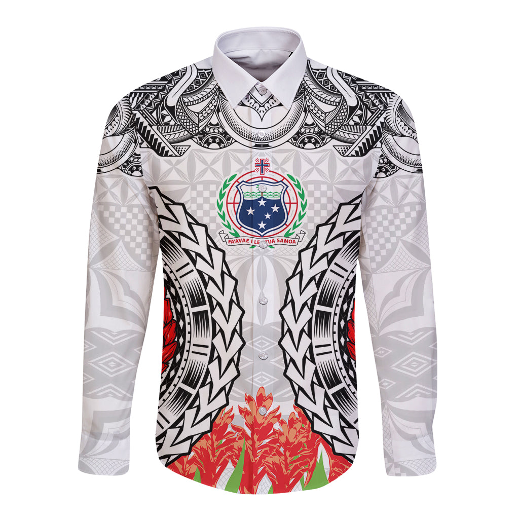 Samoa Siapo Ula Fala Long Sleeve Button Shirt With Ginger Plant White Color LT03 Unisex White - Polynesian Pride