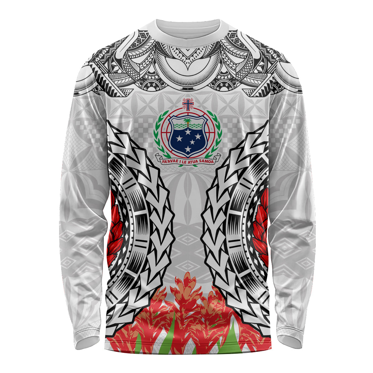 Samoa Siapo Ula Fala Long Sleeve Shirt With Ginger Plant White Color LT03 Unisex White - Polynesian Pride