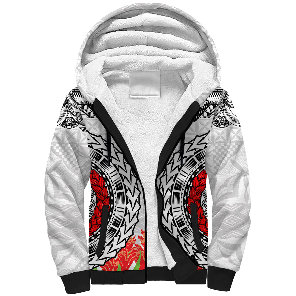 Samoa Siapo Ula Fala Sherpa Hoodie With Ginger Plant White Color LT03 Unisex White - Polynesian Pride